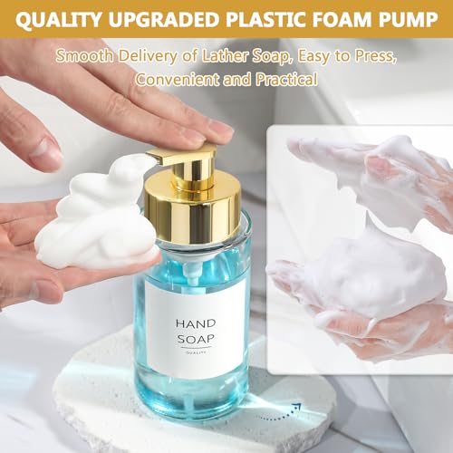 RYTOXILO Foaming Soap Dispenser, 10 oz/300ml Gold Soap Dispenser, 2 Pack Glass Foaming Hand Dispenser for Bathroom & Kitchen, Refillable Foam Bottle with Waterproof Labels - color: Clear Bottle, size: 10 Fl oz with Gold Pump