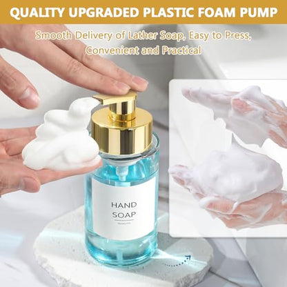 RYTOXILO Foaming Soap Dispenser, 10 oz/300ml Gold Soap Dispenser, 2 Pack Glass Foaming Hand Dispenser for Bathroom & Kitchen, Refillable Foam Bottle with Waterproof Labels - color: Clear Bottle, size: 10 Fl oz with Gold Pump