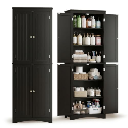 Gizoon Tall Bathroom Storage Cabinet with Adjustable Shelves | 67" H Freestanding Storage Unit with 4 Magnetic Doors, Kitchen Pantry Cabinet for Dining Room, Living Room, White - color: Black, size: 67"H