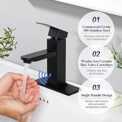Herogo Touchless Bathroom Faucets Matte Black Stainless Steel Automatic Motion Sensor Bathroom Faucet RV Bar Sink Faucet for 1-3 Hole Single-Handle with Pop Up Drain Stopper Water Supply Hoses - color: Matte Black