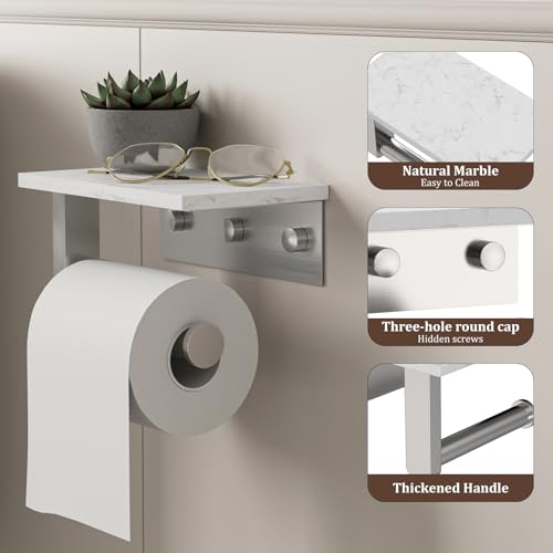 BWE Brushed Nickel Toilet Paper Holder with Marble Shelf Wall Mounted | Toilet Paper Roll Holder with Phone Shelf 304 Stainless Steel Tissue Holder for Bathroom Washroom,Saving Space - color: Brushed Nickel