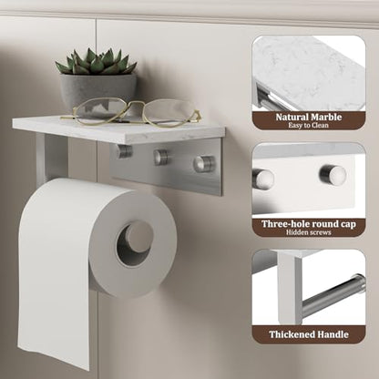 BWE Brushed Nickel Toilet Paper Holder with Marble Shelf Wall Mounted | Toilet Paper Roll Holder with Phone Shelf 304 Stainless Steel Tissue Holder for Bathroom Washroom,Saving Space - color: Brushed Nickel