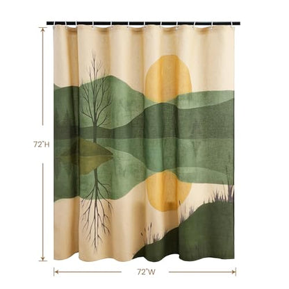 Lake Scenery Linen Boho Shower Curtain Set with Liner,72" Wx72 L | Double Layer Shower Curtain Waterproof Fabric with Zippered Removable PEVA Liner,Boho Shower Curtain for Bathroom,Free Hooks - color: Sunset Landscape