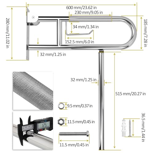 Handicap Grab Bar,23.6 Inch Stainless Steel 1.25" Diameter Toilet Safety Rails for Bathroom with Paper Holder, Anti-Slip Flip-Up Support Rail for Seniors Elderly - size: 23.6 Inch