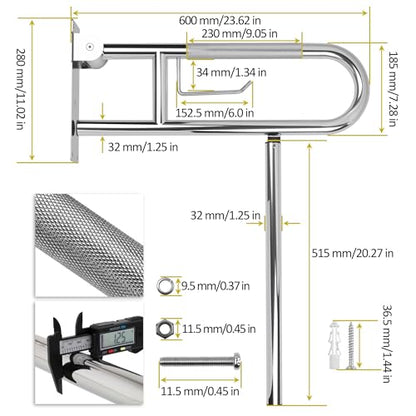 Handicap Grab Bar,23.6 Inch Stainless Steel 1.25" Diameter Toilet Safety Rails for Bathroom with Paper Holder, Anti-Slip Flip-Up Support Rail for Seniors Elderly - size: 23.6 Inch