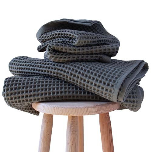 PÜSKÜL Natural 100% Turkish Cotton Waffle Towels Set of 4-Piece, Anthracite | 2-Bath sheet (Extra-large 32x63") and 2-Hand towel (Large 32x16"). Premium honeycomb-waffle weave, oeko-tex made in Turkiye. - color: Anthracithe
