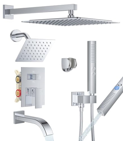 Rain Shower System with Rough-in Valve, Wall Mount Shower Faucet Set with 12" & 6" Dual Rain Shower Heads, 2-in-1 Handheld Shower, Tub Spout, 4-Function Complete Shower Fixture, Chrome - color: Chrome, size: Wall Mount-12"+6" head with Tub Spout & Handhel