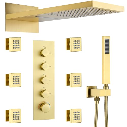 Luxury Thermostatic Rain & Waterfall Shower System with 22” Rain Shower Head & 6 Body Jets, JetsBath Wall Mounted Shower Faucet Sets with Handheld Sprayer, 3/4” Inlet Thermostatic Valve - color: Brushed Gold