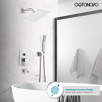 gotonovo Tub Shower Faucet Set with Valve Kit 8’’ Head,Polished Chrome | Shower System with Tub Spout,SUS304 Rain Head with Handheld Sprayer,Swivel Spout,All Metal,Rough-In Valve Trim Kit,Wall Mount - color: Chrome, size: 8’’ Head
