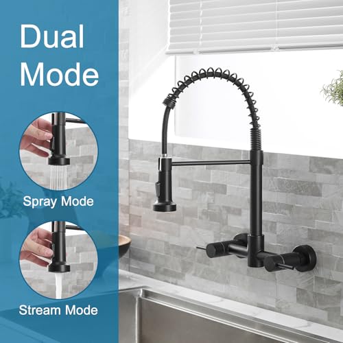 AIMADI Wall Mount Kitchen Faucet,Matte Black Kitchen Sink Faucet | with Pull Down Sprayer,8 inch 2 Handle Commercial Faucet for Kitchen Laundry Room Restaurant - color: Matte Black