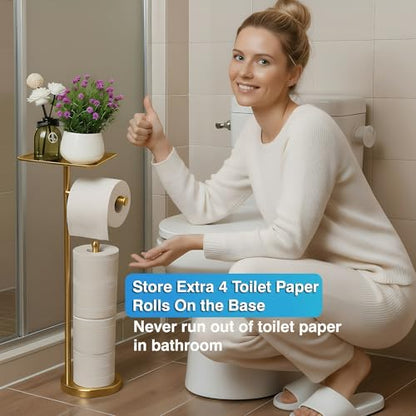 Gold Toilet Paper Holder with Shelf, Freestanding Tissue Holder Stand with Storage Space for Extra 4 Toilet Paper Rolls (Stainless Steel Base, Gold) - color: Gold