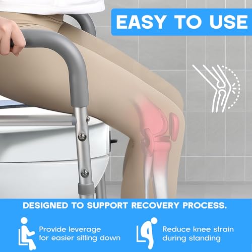 Toilet Seat Risers For Seniors 4-Legged Adjustable Raised Toilet Seat With Handles Thickened Aluminum Alloy Frame Toilet Riser Withhandles For Seniors for Elderly Disabled Medical (Grey & White).