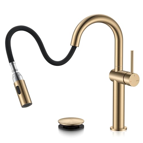 Champagne Bronze Pull Down Tall Vessel Sink Faucet 1 Hole 1 Handle | Vessel Bowl Faucet with Pop Up Drain & Supply Lines, Lead-Free cUPC & NSF Certified, 1 Hole Faucet for Vanity RV Restroom - color: Champagne Bronze, size: Tall