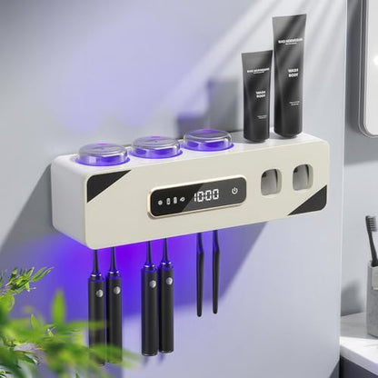 Smart Cleaning Toothbrush Holder, Smart Drying & Cleaning Bathroom Toothbrush Holder with 2 Toothpaste Dispensers, Wall Mounted Organizer for Electric/Manual Toothbrushes with 3 Cups 6 Slots (Beige) - color: Beige