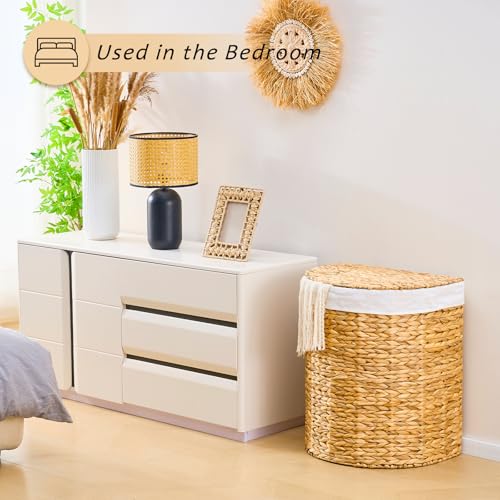 Half Round Wicker Laundry Hamper with Lid and 2 Removable Liner Bags, Handwoven Natural Water Hyacinth Laundry Basket for Dirty Clothes, Natural - color: Natural, size: 120L