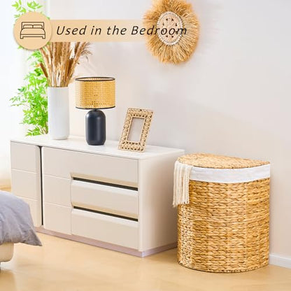 Half Round Wicker Laundry Hamper with Lid and 2 Removable Liner Bags, Handwoven Natural Water Hyacinth Laundry Basket for Dirty Clothes, Natural - color: Natural, size: 120L