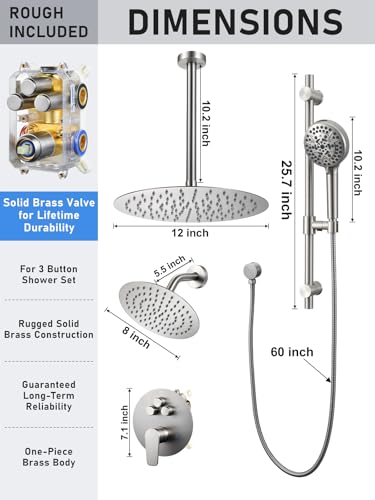 Woindo Shower Faucet Set with Slide Bar, 12" Rain Shower Head/8'' Side Shower Head and 10 Setting Handheld Ceiling Mount 3 Push Button Diverter Complete Rainfall Shower System Included Valve Trim Kit - color: Brushed Nickel, style: 12"-R-Ceiling-02
