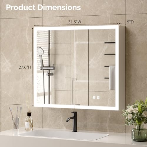 VINGLI Lighted Medicine Cabinet with Mirror Bathroom Mirror Medicine Cabinet Wall Mounted with Storage LED Lights Charging Station Defogger Modern Bathroom Mirrors for over Sink with Storage (32"*28") - size: 5.9"D x 31.5"W x 27.58"H