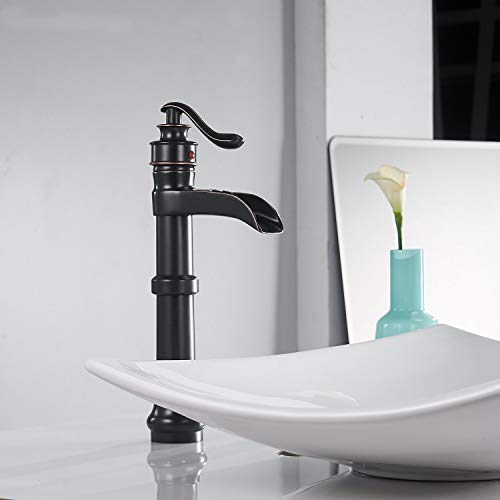 Oil Rubbed Bronze Vessel Sink Faucet Single Hole Bathroom Faucet Waterfall | Farmhouse Single-Handle,Deck Mount,Bowl Tall Body,with Supply Hose,Fits Non-Overflow Sinks,Hot/Cold Mixer - color: Oil Rubbed Bronze