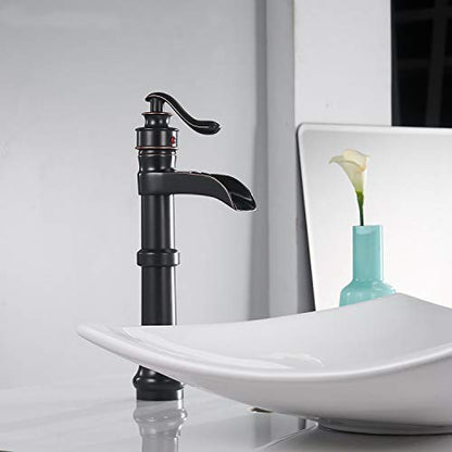 Oil Rubbed Bronze Vessel Sink Faucet Single Hole Bathroom Faucet Waterfall | Farmhouse Single-Handle,Deck Mount,Bowl Tall Body,with Supply Hose,Fits Non-Overflow Sinks,Hot/Cold Mixer - color: Oil Rubbed Bronze