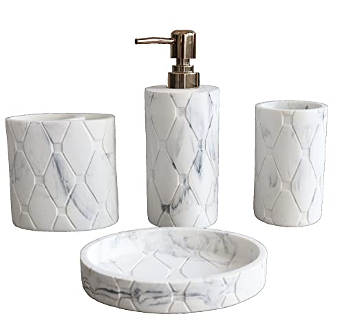 Hymmah Bathroom Accessories Set,Marble Design Toothbrush Holder,Farmhouse Bathroom Decor,4 Pcs Resin Gift Set Apartment Necessities, Contain Toothbrush Cup,Soap Dispenser,Soap Dish,Tumbler - color: White Marble
