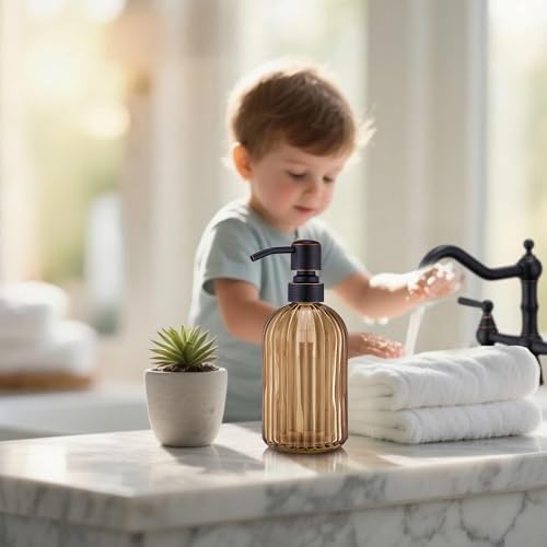 16 OZ Amber Glass Soap Dispenser, Amber Stripe Bathroom Hand Soap Dispensers with Stainless Steel Bronze Pump,Brown Glass Kitchen Hand Soap Dispenser with Oil Rubbed Bronze Pump - color: Oil Rubbed Bronze+amber, size: 1-Pack