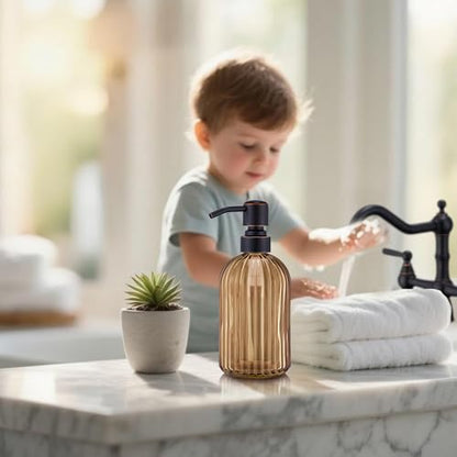 16 OZ Amber Glass Soap Dispenser, Amber Stripe Bathroom Hand Soap Dispensers with Stainless Steel Bronze Pump,Brown Glass Kitchen Hand Soap Dispenser with Oil Rubbed Bronze Pump,2 Packs - color: Oil Rubbed Bronze+amber, size: 2-Pack