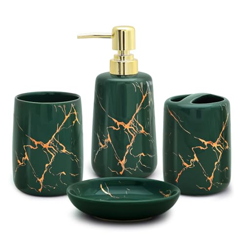 CERBIOR Bathroom Accessories Set,4 Pcs Ceramic Bathroom Accessory,Green | Includes Toothbrush Holder, Toothbrush Cup, Soap Dish for Decorative Countertop and Housewarming Gift - style: Dark Green
