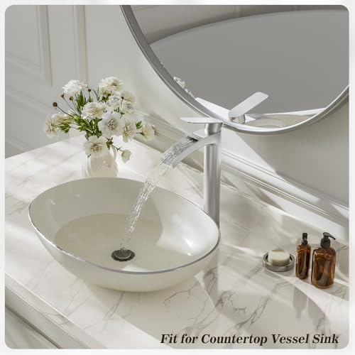 Phiestina Brushed Nickel Tall Bathroom Vessel Sink Faucet 2 Pack, Single Hole Single Handle Waterfall Above Countertop Sink Bathroom Faucet, with Pop Up Drain and Water Supply Line, NS-SF01-V-BN-2pack - color: Brushed Nickel, style: 2 pack