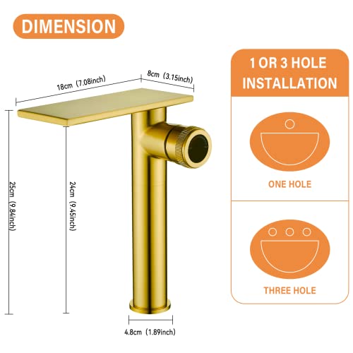 Becola Modern Brushed Gold Tall Waterfall Basin Mixer Tap with Adjustable Knobs and Two Supply Lines - color: Brushed gold, size: Tall