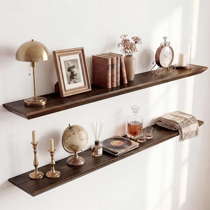 Acovy 48in Solid Spruce Wood Floating Shelves with Beveled Bottom Edges, Wooden Floating Shelf with Heavy-Duty Bracket for Living Room Bathroom Bedroom Kitchen, Rustic Brown, Set of 2 - color: Rustic Brown, size: 48"-2 Packs