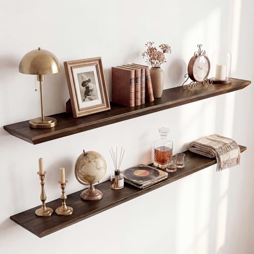 Acovy 48in Solid Spruce Wood Floating Shelves with Beveled Bottom Edges, Wooden Floating Shelf with Heavy-Duty Bracket for Living Room Bathroom Bedroom Kitchen, Rustic Brown, Set of 2 - color: Rustic Brown, size: 48"-2 Packs