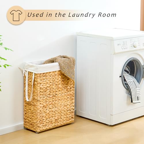 Handwoven Slim Laundry Hamper, 55L Narrow Laundry Basket, Natural Water Hyacinth Basket and Handles and Removable Liner Bag & 2 Mesh Bags (Natural, 55L) - color: Natural, size: 55L