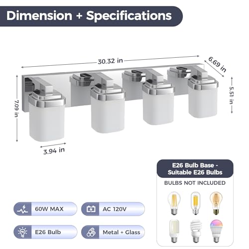 29 Inches Bathroom Vanity Light, 4-Light Chrome Bathroom Light Fixtures Over Mirror, Bathroom Light Shower Lamp with Milky White Square Glass Shade, Modern Farmhouse Lighting Fixtures - color: Chrome, size: 29 Inch : 4-lights