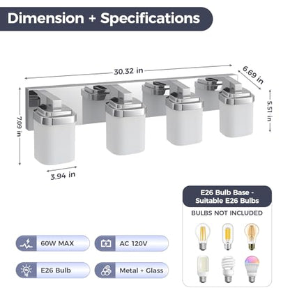 29 Inches Bathroom Vanity Light, 4-Light Chrome Bathroom Light Fixtures Over Mirror, Bathroom Light Shower Lamp with Milky White Square Glass Shade, Modern Farmhouse Lighting Fixtures - color: Chrome, size: 29 Inch : 4-lights