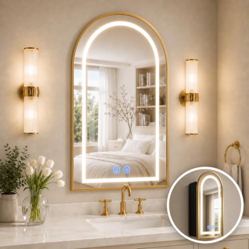 Arched Medicine Cabinet with LED Lights, Lighted Bathroom Medicine Cabinet Mirror with Anti-Fog, No Assembly Required Recessed or Surface Mount (Gold, 36" H x 24" W) - color: Gold, size: 36"H x 24"W