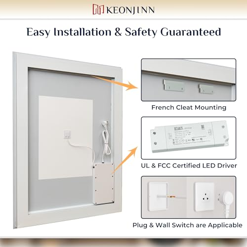 Keonjinn 36" x 36" LED Bathroom Mirror with Lights, HD Tempered Glass | Frontlit and Backlit, Separately Frontlit/Backlit, Double Light Strips, Stepless 3 Colors Light & Dimmable, Fast Defogging - size: 36"L x 36"W