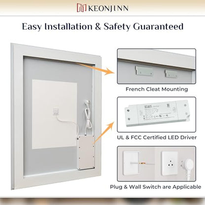 Keonjinn 36" x 36" LED Bathroom Mirror with Lights, HD Tempered Glass | Frontlit and Backlit, Separately Frontlit/Backlit, Double Light Strips, Stepless 3 Colors Light & Dimmable, Fast Defogging - size: 36"L x 36"W
