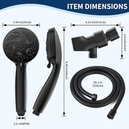 6-Mode Shower Head with Handheld, High Pressure Handheld Showerhead, Black | 3.94 Inch Handheld Spray with 59 Inch Stainless Steel Hose and Adjustable Shower Holder, Tool-free Installation - color: Black-3.94 Inch