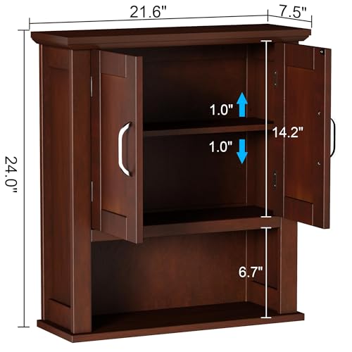 ChooChoo Wood Bathroom Wall Cabinet with Door, Dark Cherry Medicine Cabinet | Rustic Over The Toilet Storage Cabinet, Adjustable Shelf, Open & Concealed Storage, 7.5 x 21.6 x 24 Inches - color: Dark Cherry