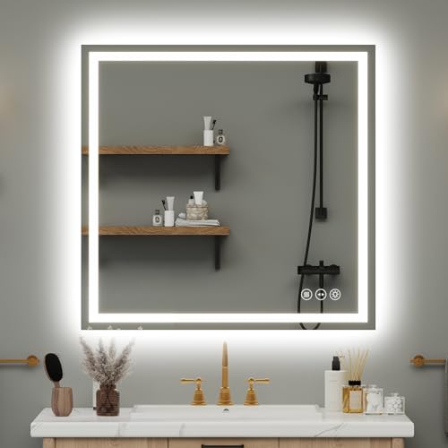 LED Bathroom Mirror 36x36 Inch Anti-Fog Bathroom Mirror with Lights, Wall Mounted Lighted Vanity Mirrors, Dimmable, Backlit + Front Lit, Smart Bathroom Vanity Mirror with 3 Colors Temperature - size: 36"L x 36"W