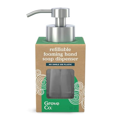 Grove Co. Glass Foaming Hand Soap Dispenser with Stainless Steel Pump, 12oz | Pair with our Foaming Soap Refills; Stainless Steel Pump; No plastic waste; Reusable dispenser - color: Clear, size: 12 Ounce