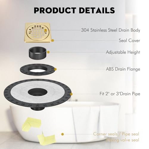 4” Shower Drain Grate Kit with Flange, Fits Schluter Kerdi-Drain | Square Shower Drain with 2 Inch ABS Flange, Adjustable Collar, SUS 304 Stainless Steel Grate, For Bathroom, Brushed Brass - color: Brushed Brass, size: 4 Inch Kit with Flange