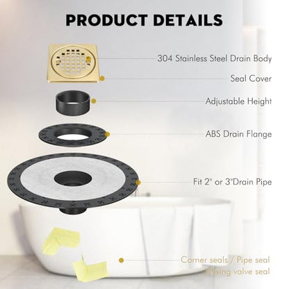 4” Shower Drain Grate Kit with Flange, Fits Schluter Kerdi-Drain | Square Shower Drain with 2 Inch ABS Flange, Adjustable Collar, SUS 304 Stainless Steel Grate, For Bathroom, Brushed Brass - color: Brushed Brass, size: 4 Inch Kit with Flange