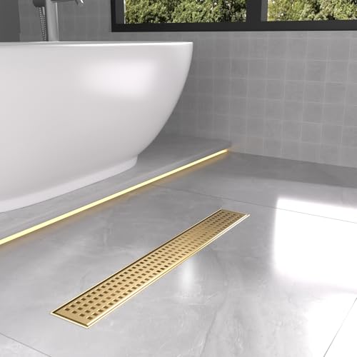 28 Inch Linear Shower Drain - Brushed Gold, with Removable Grate | AISI 304 Stainless Steel Shower Drain, Long Rectangle Shower Floor Drain with Adjustable Feet, Fits Bathroom & Balcony etc - color: Brushed Gold, size: 28 in