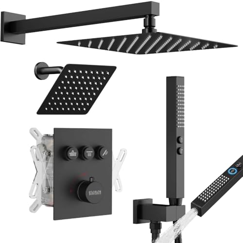 Thermostatic Shower System Matte Black, STARBATH Shower Faucets Sets 12+ 6" Wall Mount Rain Shower and 2 in 1 Handhled, Can Use All at Once, Push Button 3 Modes Valve and Trim Kit Complete Shower Set - color: Matte Black, size: 6+12 inch-12