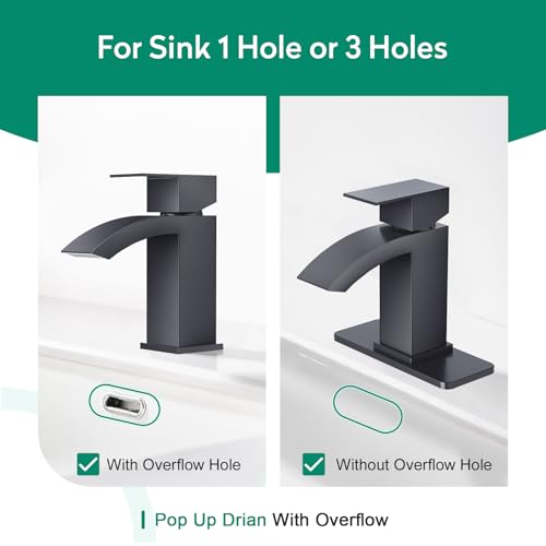 CREA Matte Black Waterfall Bathroom Faucet 1 Hole Single Handle Bathroom Sink Faucet with Pop Up Drain,Stainless Steel RV Vanity Faucet Basin Mixer Tap 3 Hole Plate Water Supply Line - color: Matte Black, style: Rectangular Spout