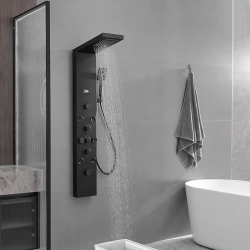 Shower Panel, Rainfall Handheld & 5 Body Jets, Black | Stainless Steel, Multi-Function Shower Tower System, Handheld Shower Wand Tub Spout and Rainfall Head, Temperature Display - color: Black, style: LED Shower Panel