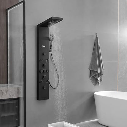 Shower Panel, Rainfall Handheld & 5 Body Jets, Black | Stainless Steel, Multi-Function Shower Tower System, Handheld Shower Wand Tub Spout and Rainfall Head, Temperature Display - color: Black, style: LED Shower Panel