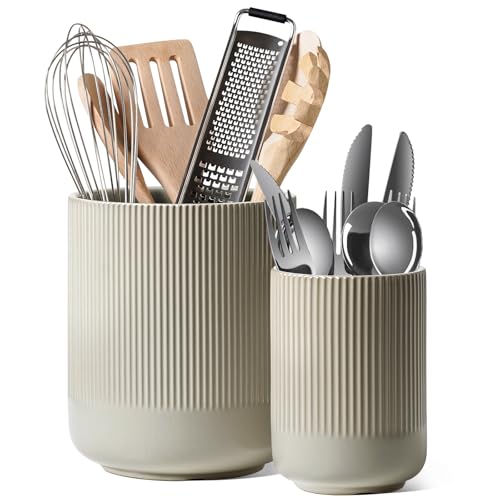 LE TAUCI Utensil Holder for Kitchen Counter, 7.3"+5.4" Fluted Ceramic Utensil Crock Organizer for Countertop, Heavy Large Holder for Spatulas, Spoons, Set of 2, Oatmeal Greige - color: Oatmeal Greige